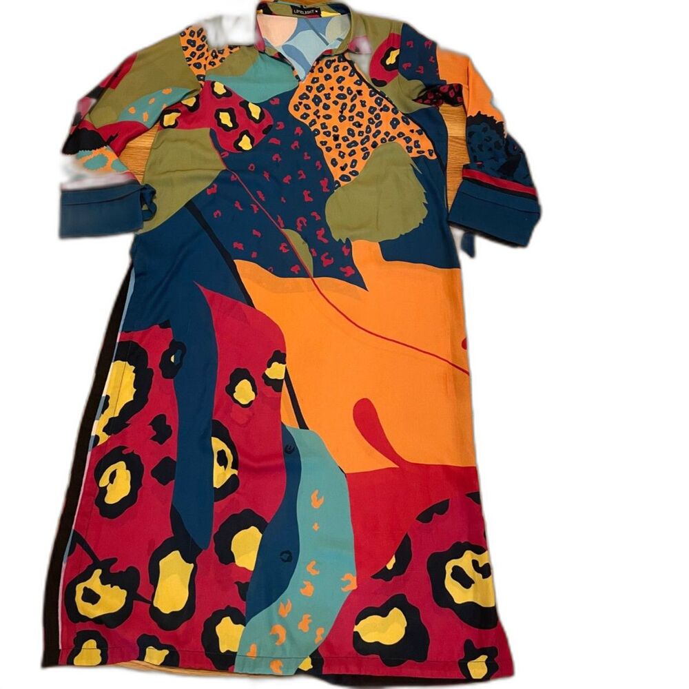 Colorful Abstract Caftan Flowy Bathing Suit Cover-Up Lounge Wear Bead Accents M‎